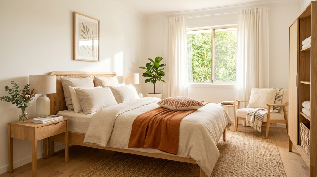 Bright and airy guest bedroom interior featuring coordinated