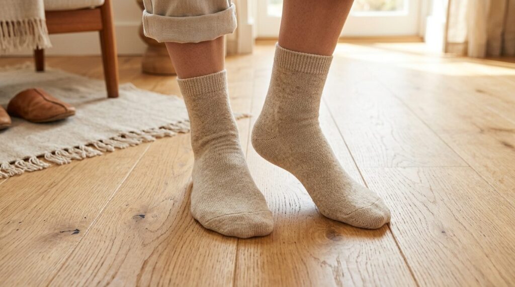 Realistic overhead shot of a womans feet wearing premium ev