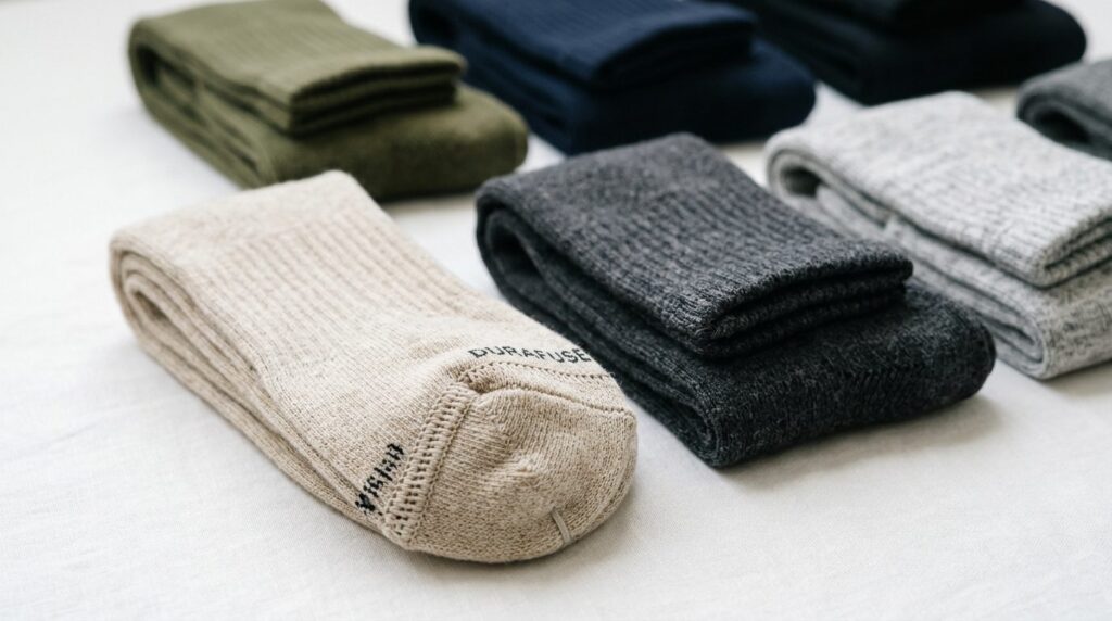 Close-up detail photography of folded quality socks displayi