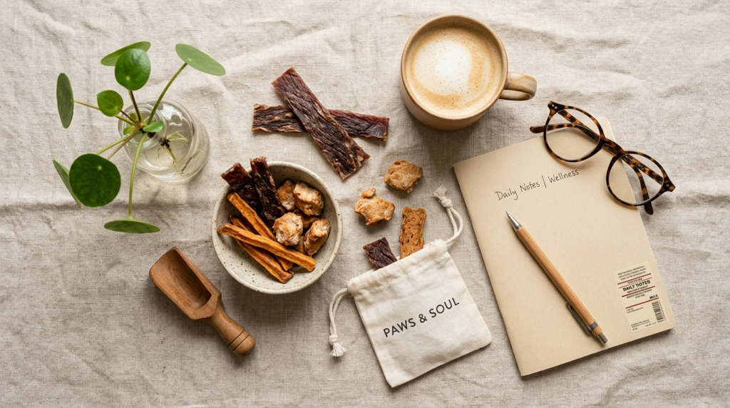 Flat lay photography of premium natural dog treats arranged 