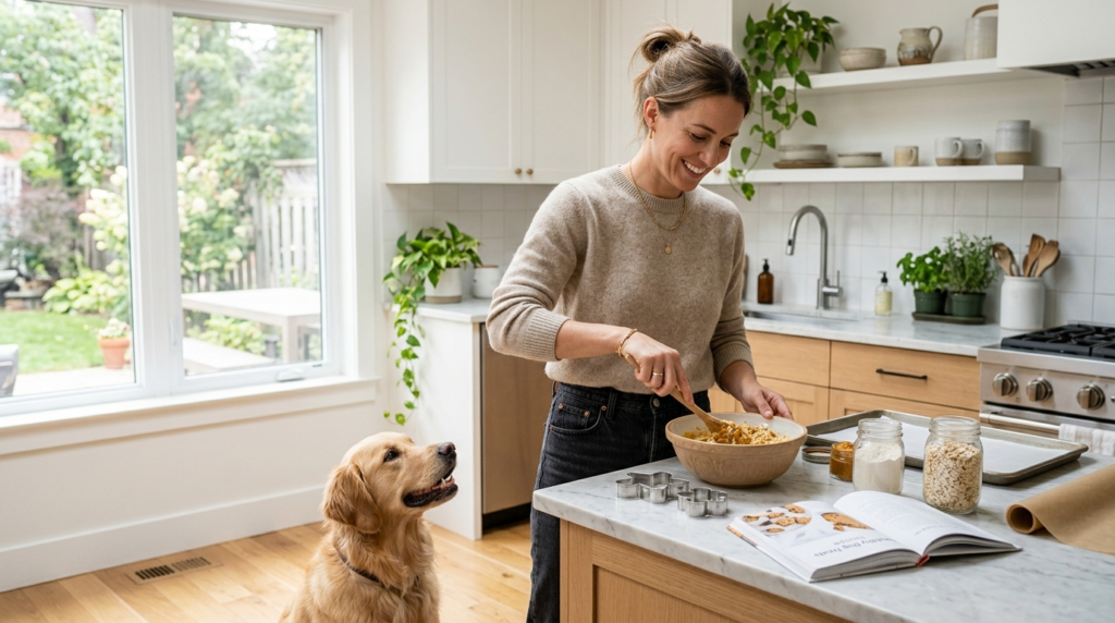 Portrait of a conscious dog owner woman in contemporary casu