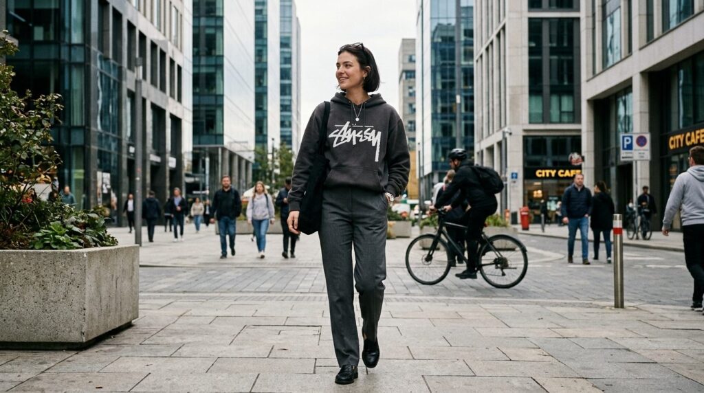 Candid street style photograph of a figure wearing an oversi