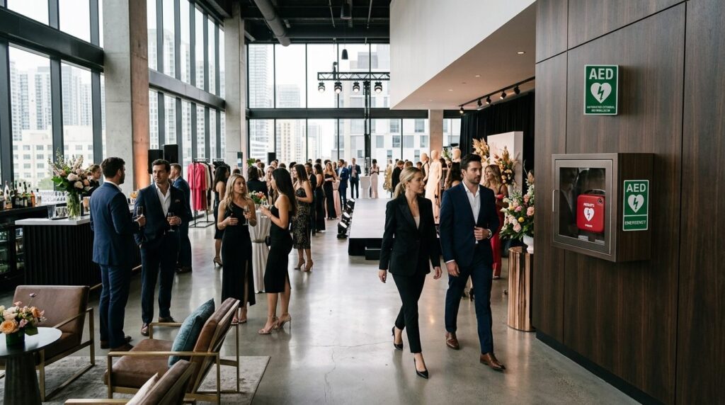 Wide-angle professional photograph of a high-end fashion eve