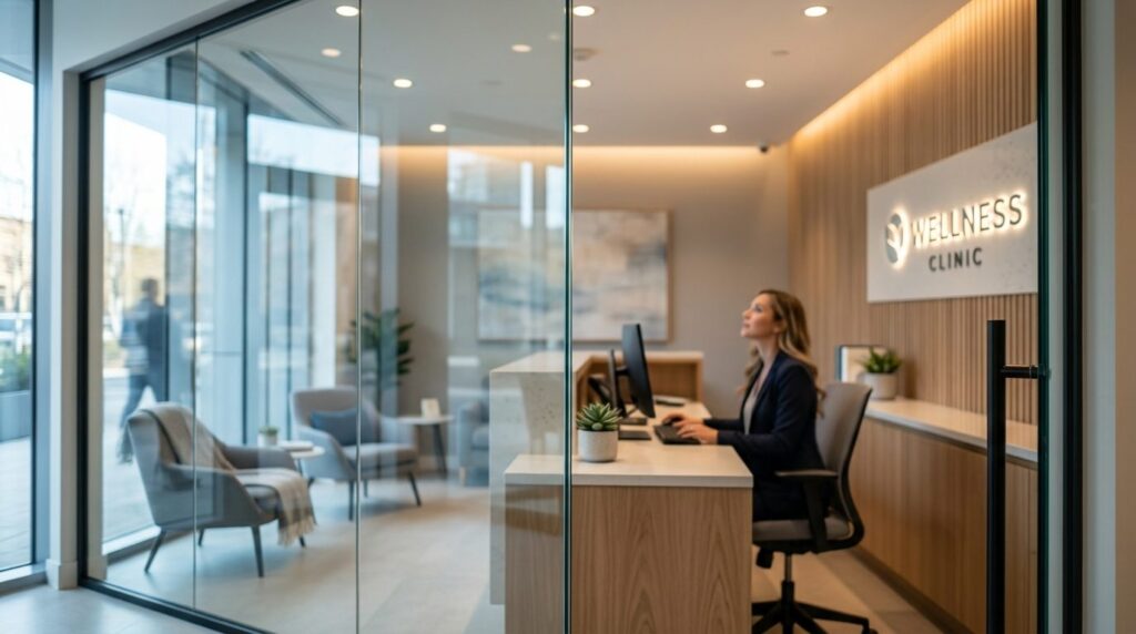 Close-up detail of a modern clinic reception area viewed thr