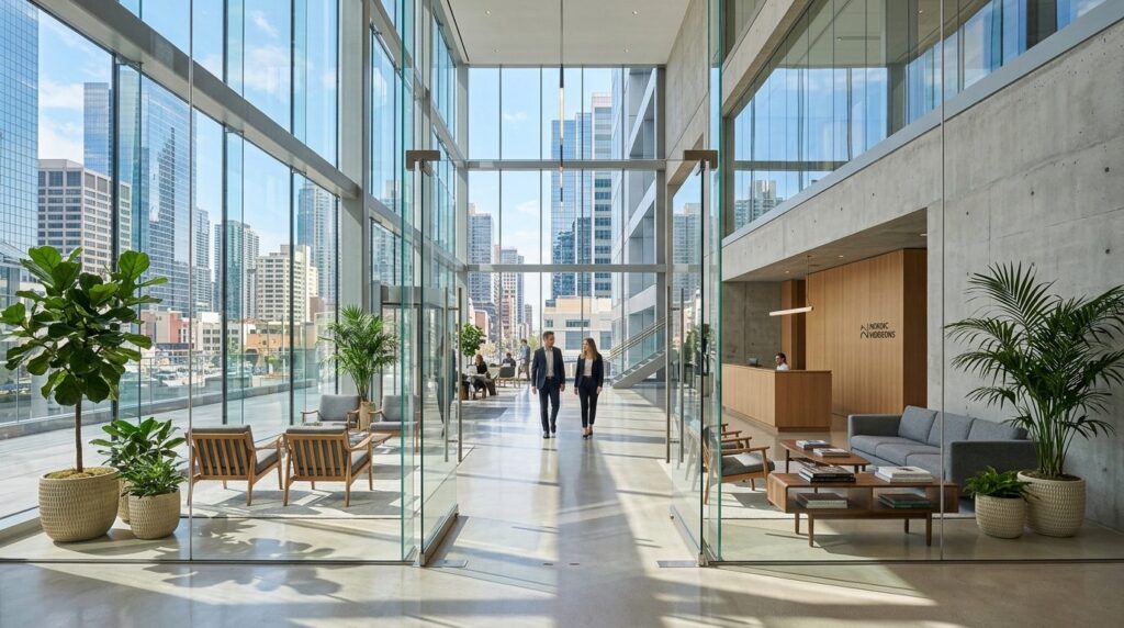 Upscale corporate office lobby featuring pristine glass wall