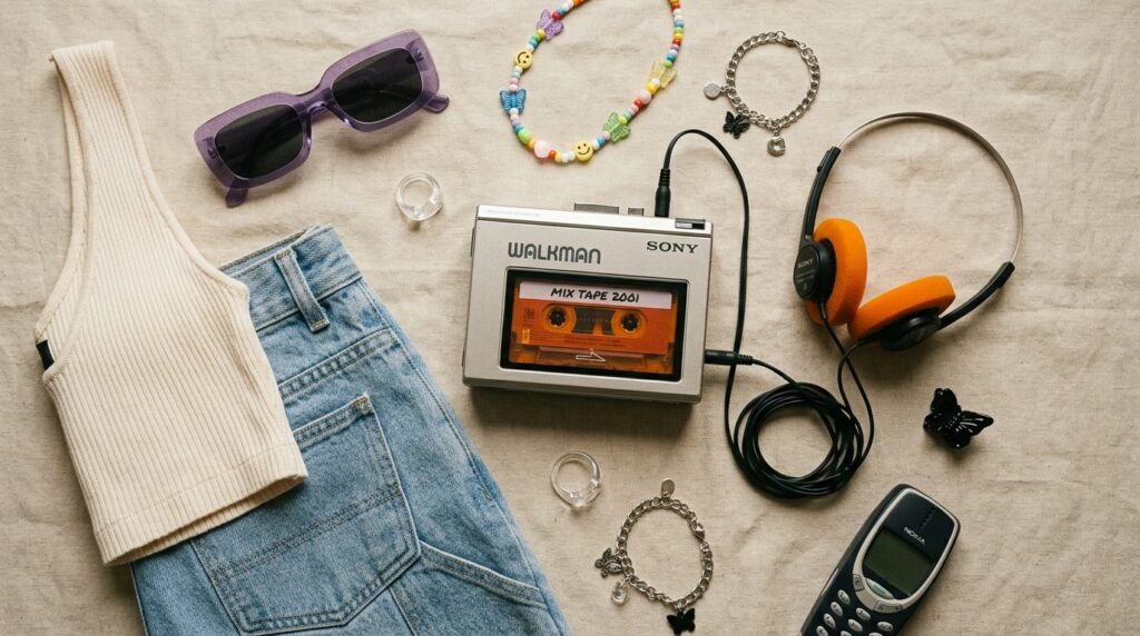 Flat lay fashion photography, overhead view of a retro casse