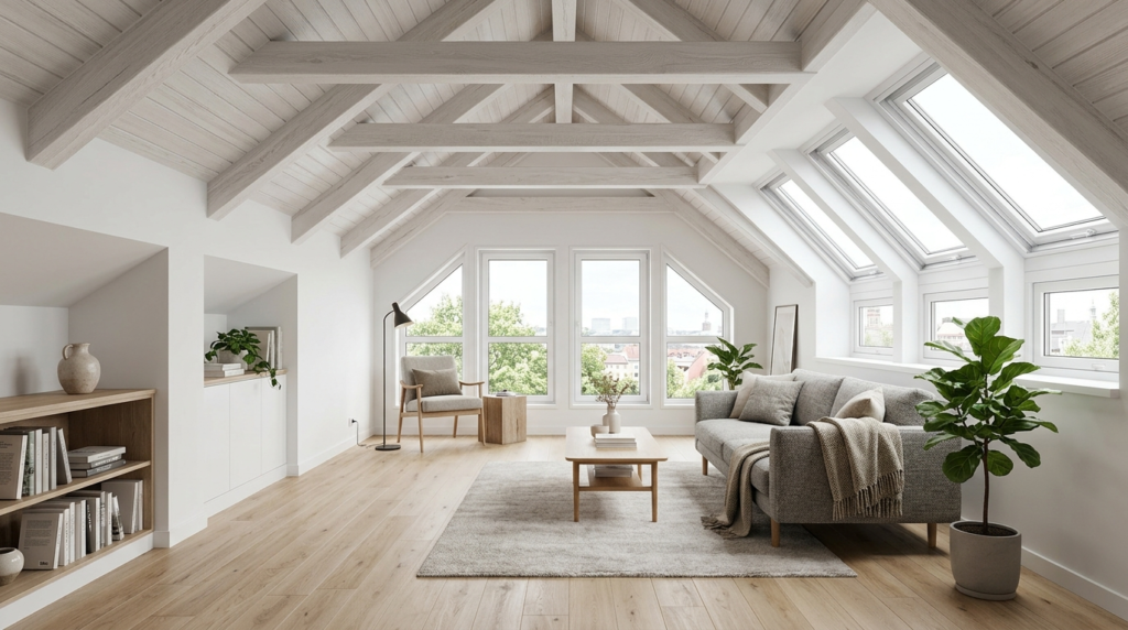 Scandinavian-inspired attic or loft space with clean archite