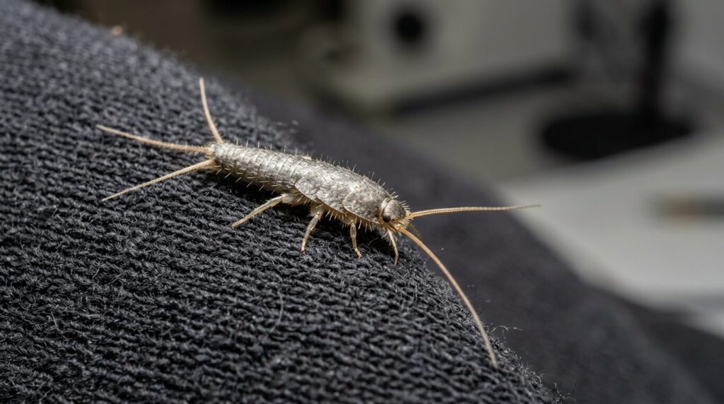 Close-up macro photography of a silverfish-like insect (fire