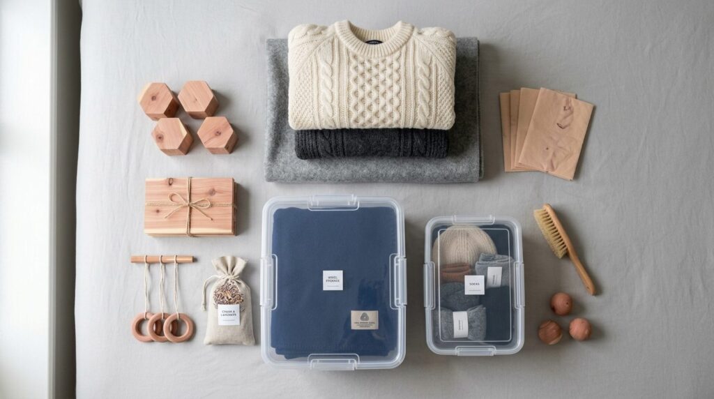 Flat lay overhead shot of protective wardrobe storage soluti