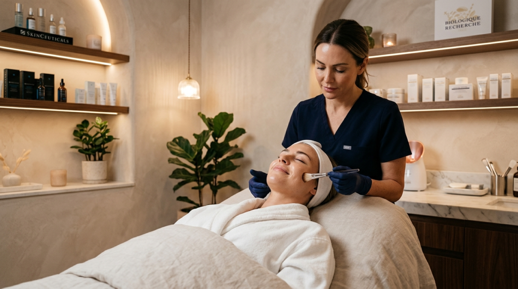 Luxury facial treatment session photography: Woman receiving