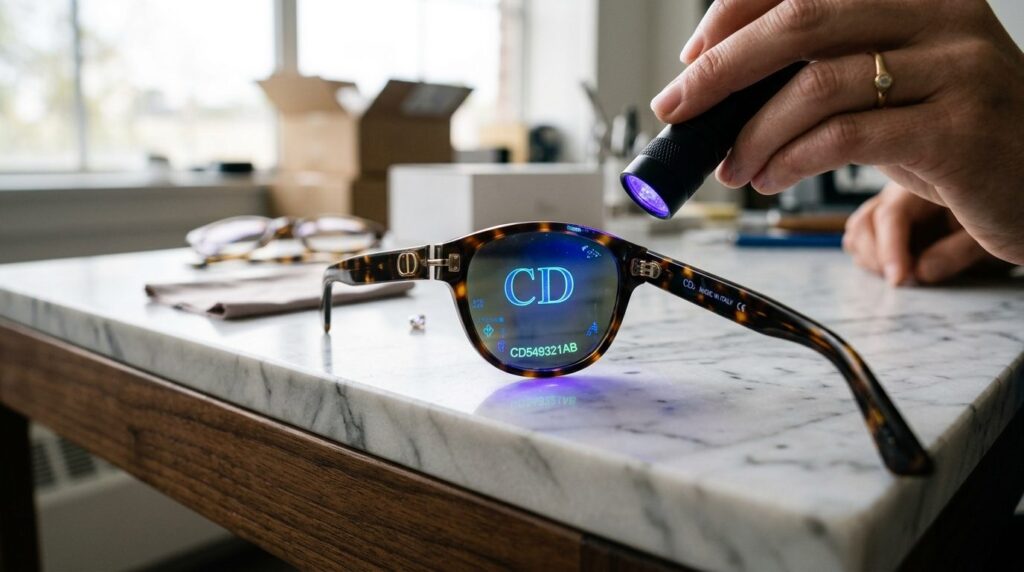 Close-up detail shot of designer sunglasses being inspected