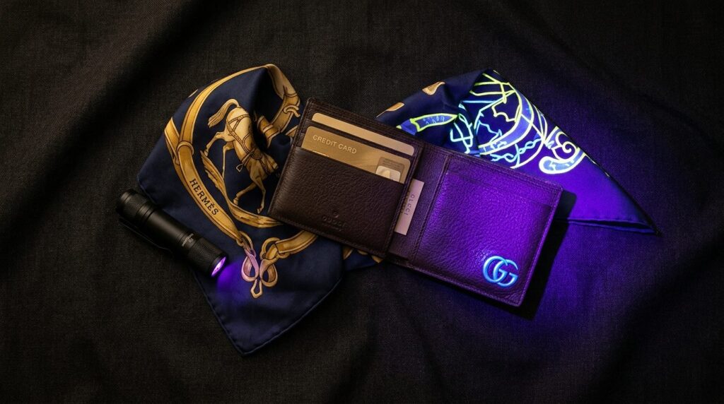 Elegant flatlay composition of a compact UV pocket flashligh