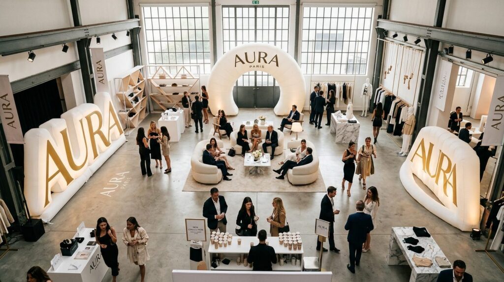 Overhead perspective of an upscale fashion brand pop-up even