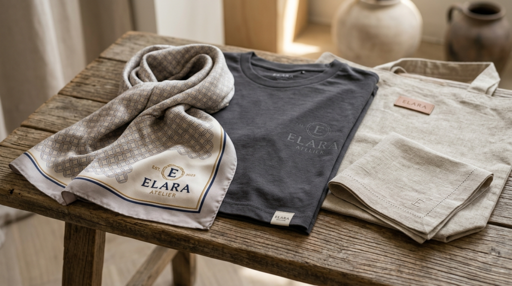 Close-up detail shot of bespoke branded merchandise collecti