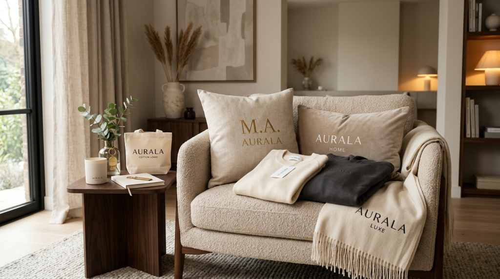 Curated lifestyle scene of luxury fashion brand merchandise 