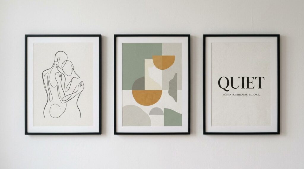 Close-up detail shot of three 30x40cm black-framed posters o