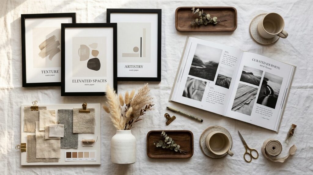 Overhead flat-lay styled composition showing an open art boo