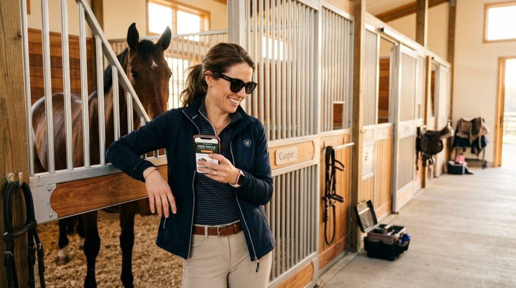 Candid shot of an equestrian woman in her stable wearing tre