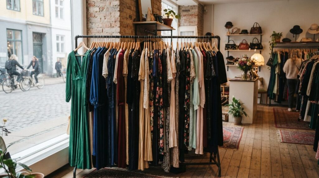 Wide shot of a curated collection of vintage and secondhand 