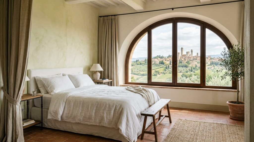 Luxury holiday villa bedroom with terracotta tiles, arched w