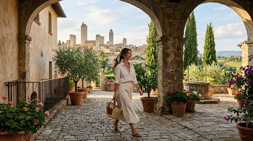 Stylish woman in neutral linen clothing walking through rust