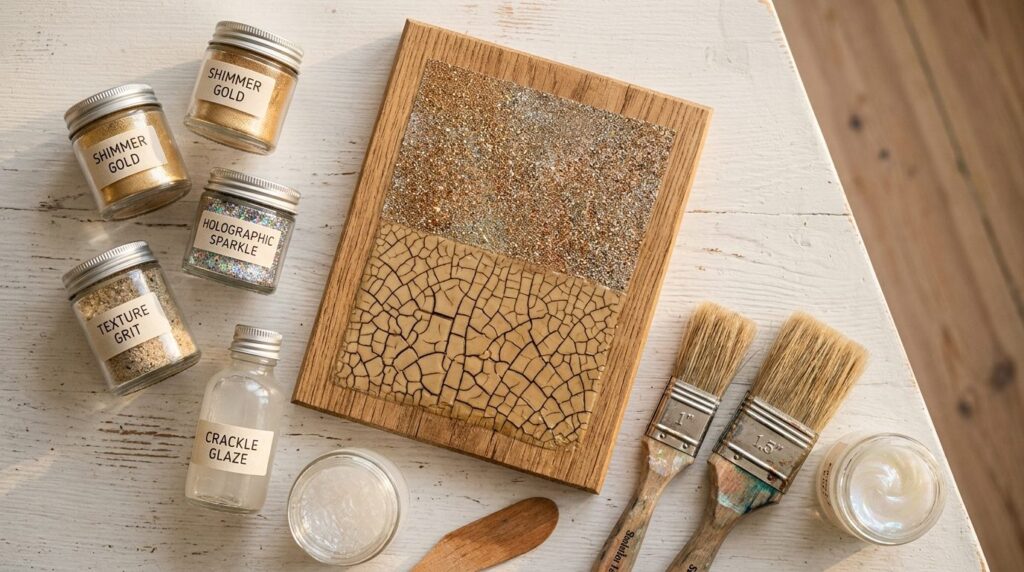 Close-up flat lay of paint medium products and tools on a wh