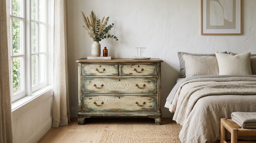 Styled interior lifestyle shot of a vintage wooden dresser p