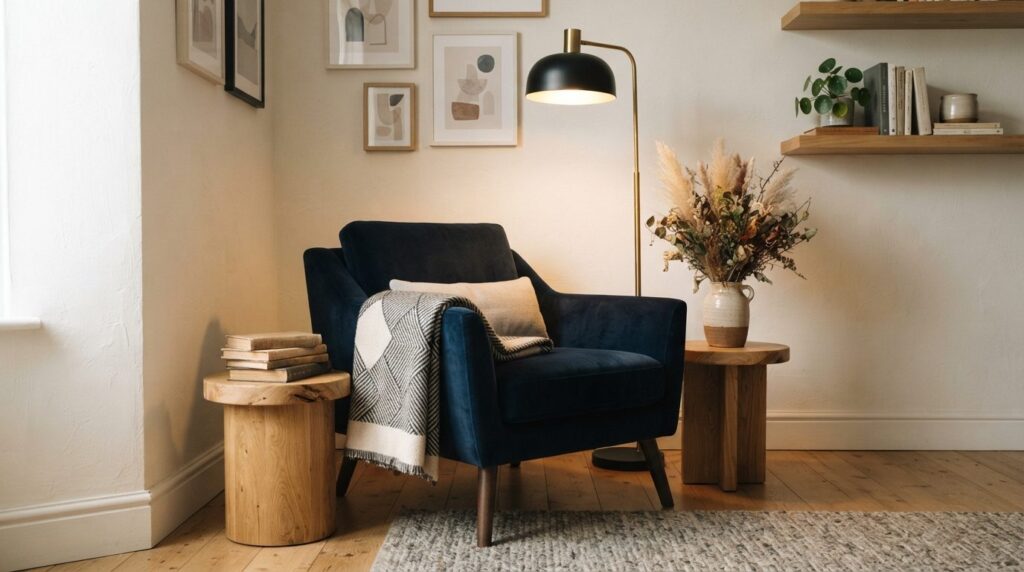 A sophisticated personal reading nook styled with modern Sca