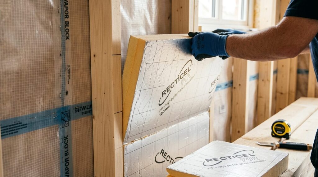 Close-up detail shot of premium PIR insulation material bein