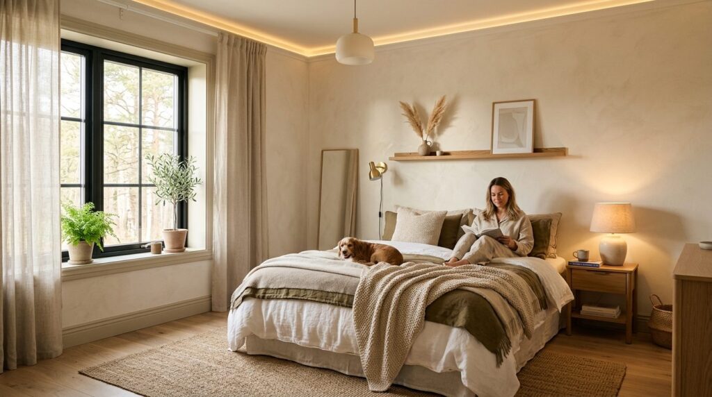 Elegant Scandinavian bedroom featuring interior wall insulat