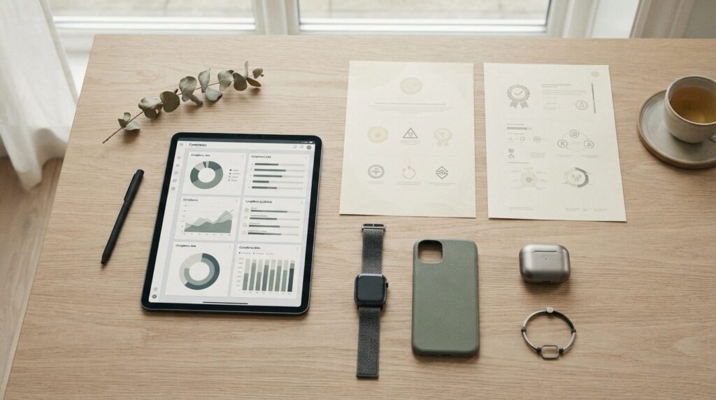 Flat lay composition of smart fashion accessories arranged w