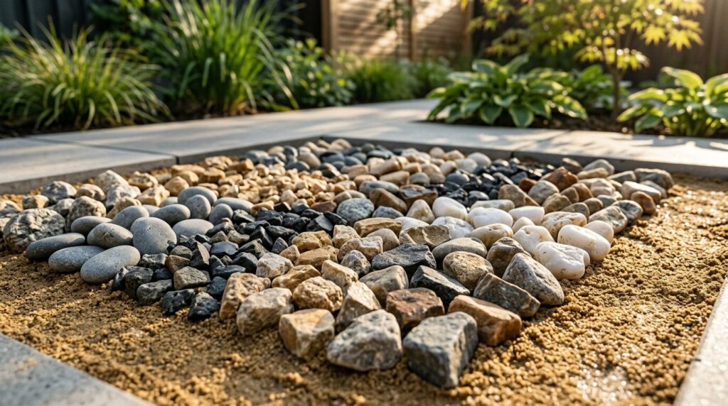 Close-up detail shot of high-quality decorative gravel and s