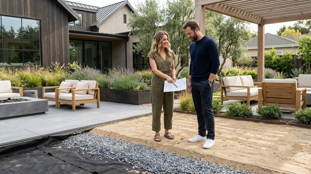 Lifestyle image of a stylish couple inspecting their newly p