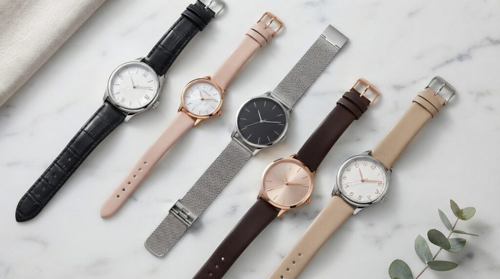 Flat lay product photography of five elegant womens watches