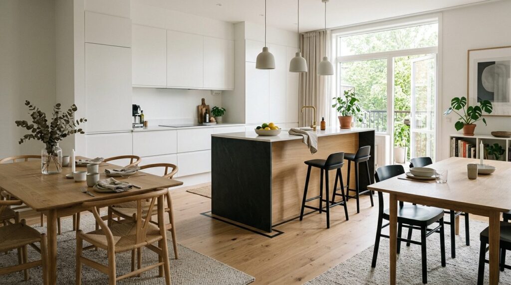 Scandinavian-style open-plan kitchen and dining area with li