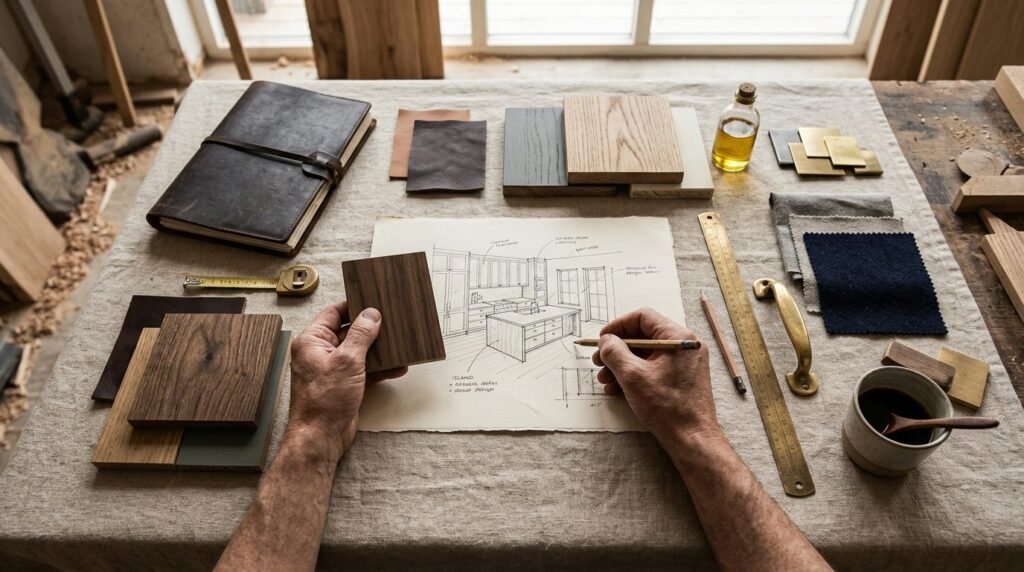 Overhead flat lay photography of bespoke kitchen craftsmansh