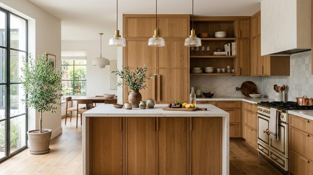 Modern luxury kitchen interior photograph, 16:9 ratio, showc