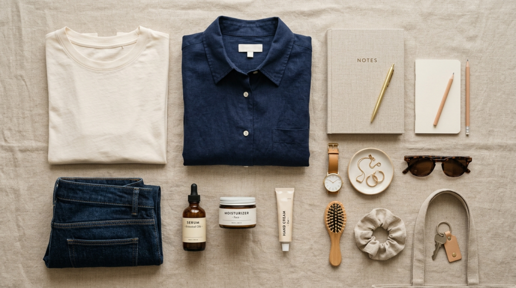 Close-up flat lay photography of a curated collection of eve