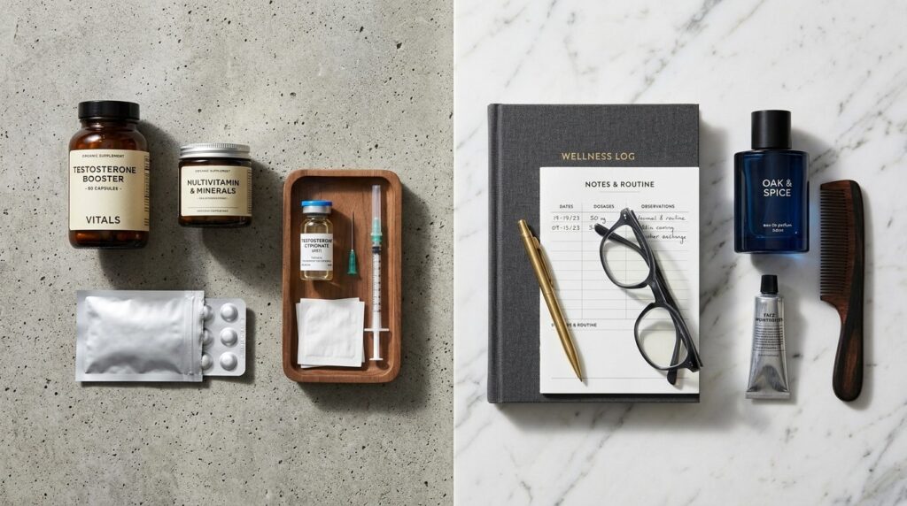 Overhead flat lay composition of masculine wellness items: t
