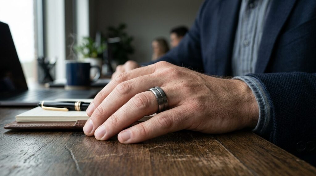 Close-up macro photography of a titanium mens ring on a man