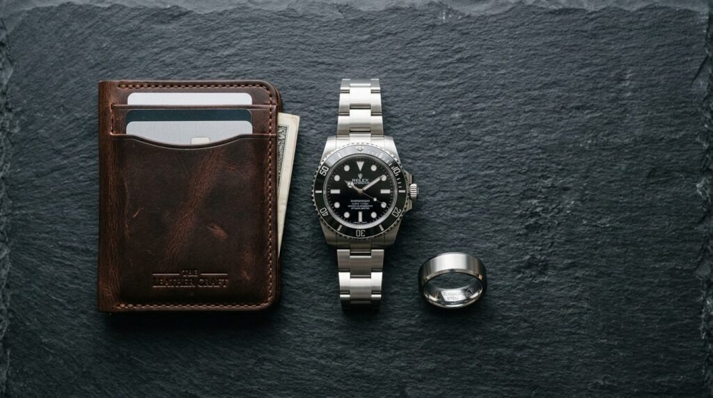 Flat lay composition of premium mens accessories including 